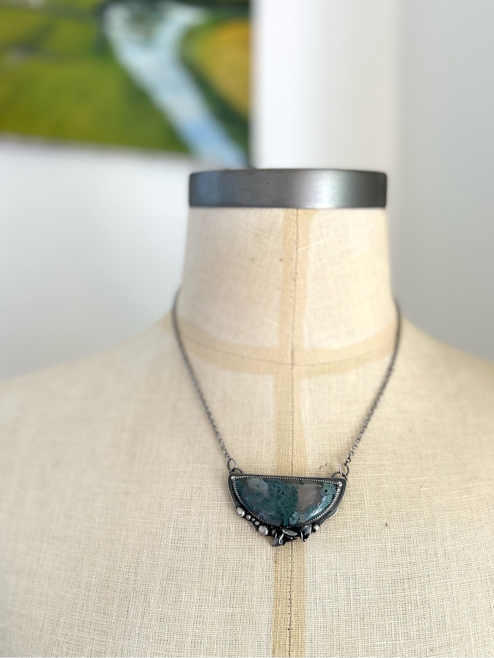 Sterling Silver Moss Agate Flower Necklace